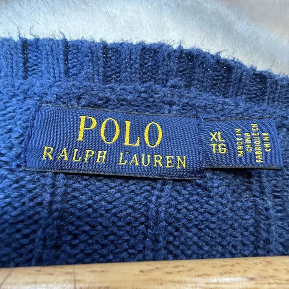 Polo Ralph Lauren Blue Cable Knit Sweater Classic Crewneck Cotton XL Men's